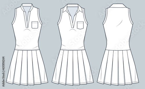 Golf Dress technical fashion illustration. Polo Shirt Dress fashion flat technical drawing template, pleated, mini length, sleeveless, v-neck, front, back view, white, women CAD mockup set.