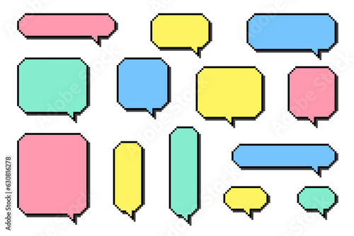 Set of different pixel speech bubble. Geometric texting dialogue boxes isolated on white background. Modern vector illustration.