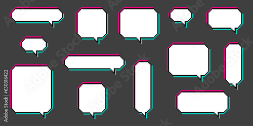 Set of different pixel speech bubble. Geometric texting dialogue boxes isolated on white background. Modern vector illustration.