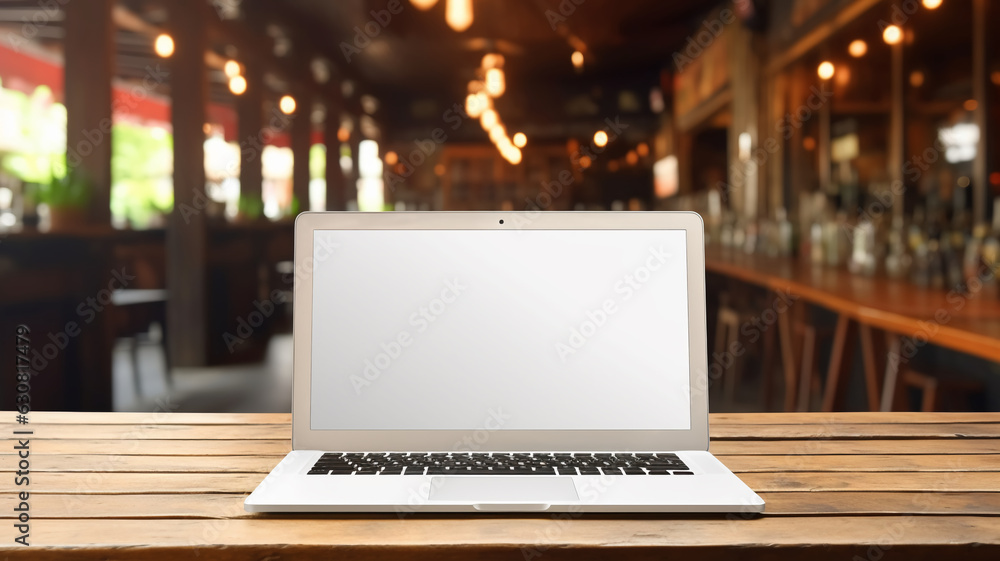 Empty mockup laptop computer screen on a wooden bar pub table with blurred interior cafe restaurant background Empty mockup laptop computer screen on a wooden bar pub table with blurred interior cafe restaurant background