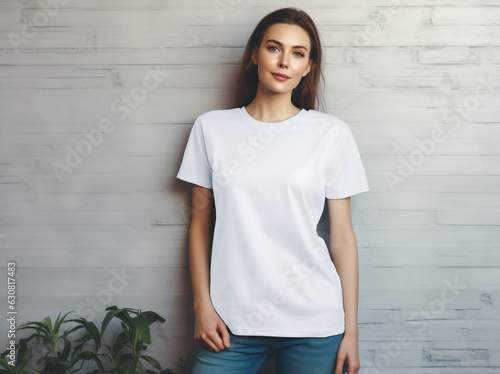 A woman in a white t-shirt leaning against a wall, showcasing a Boho style Bella Canvas 3001 shirt photo
