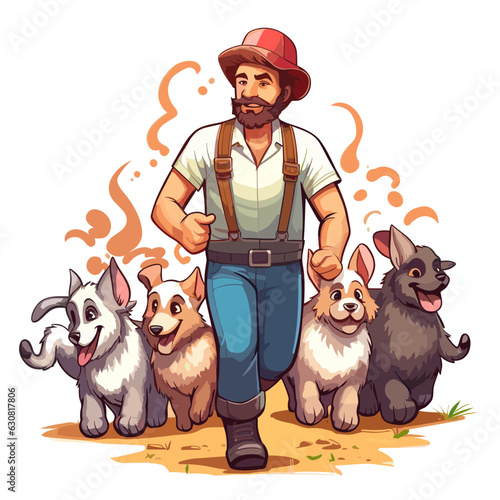 Pet trainer. Outdoor walk with several dogs. Cartoon vector illustration.