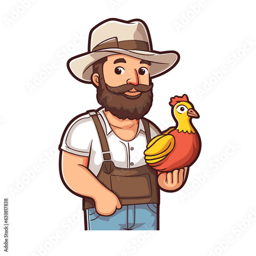 Livestock breeder holds a hen in his hand. Agriculture, farm concept. Cartoon vector illustration.