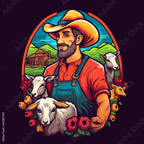 Farmer on a sheep farm. Little lambs with a farmer on his farm.  Agriculture concept. Cartoon vector illustration.
