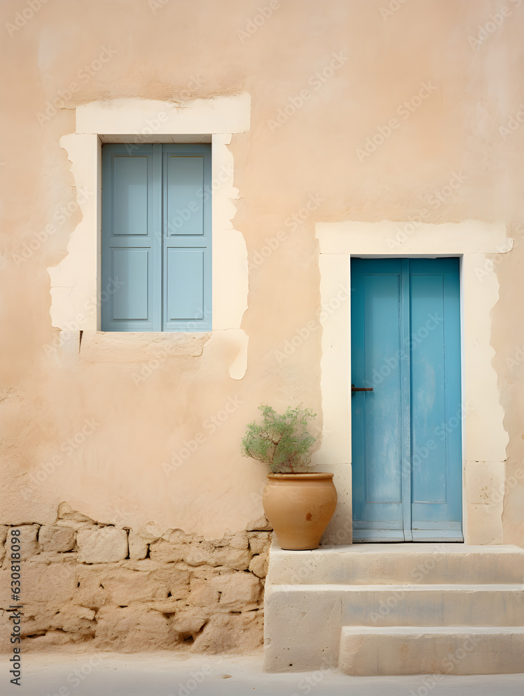 Idyllic Front View of Vintage Blue and Beige Wall, Window and Stairs. Turkish Blue Stucco with crumbling walls. Old Door in Mediterranean Village. 