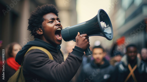 Black people Labor activist protesting with megaphone during a demonstration