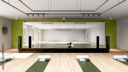 Empty Yoga studio interior design, open space with stage and large mirror, 3d rendering