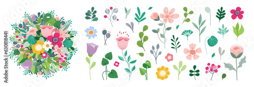 Beautiful romantic flower collection with roses, leaves, floral bouquets, flower compositions