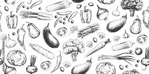 Seamless pattern with vegetables. Black and white background with broccoli, eggplant, mushrooms, zucchini, peppers, peas, tomatoes, carrot, beetroot, cabbage, pumpkin, cauliflower, asparagus, basil