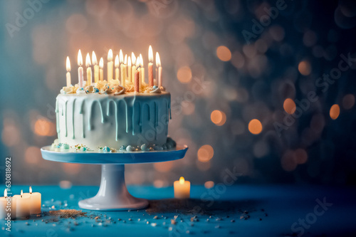 Fotografia Torta di compleanno con candeline arancioni, gialle e rosa su sfondo blu