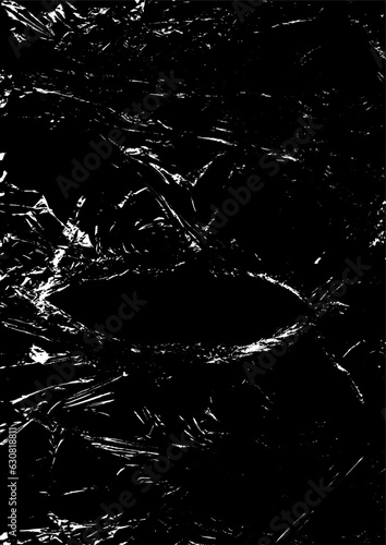Polyethylene texture. Grunge effect. Transparent stretched cling film. Overlay grunge texture. Black and white vector background. Crumpled warp plastic. Defect, scuff template. Wrinkled packaging