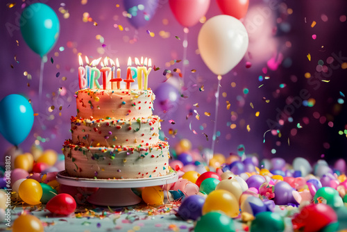 Torta di compleanno con candeline, palloncini colorati e stelle filanti photo