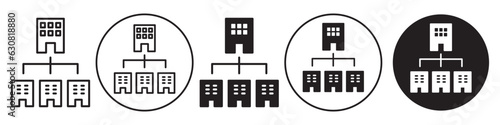 Company Subsidiary symbol Icon. Vector flat logo of multinational or international business expansion by building franchise office in different real estate property. Outlined set collection of branch 