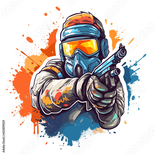 Paintball player Soldier with weapons at war. Splashes of color from gunshots in the background. Cartoon vector illustration.