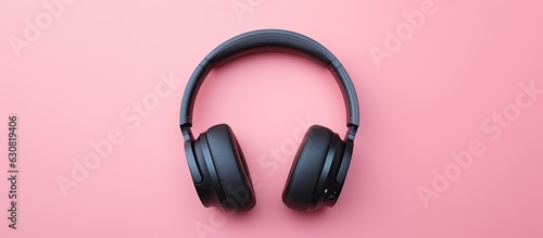 A black headphone or headset is seen on a pink background, with ample space for text or design. The headphones are wireless and has a selective focus, with nobody in the frame.