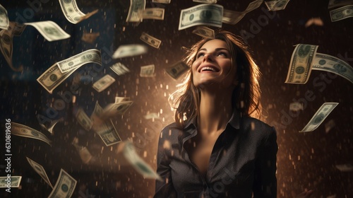 Photographie Jackpot winner in the lottery, rich woman under money rain, Generative AI