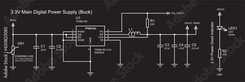 Main digital power supply (buck).
Schematic diagram of electronic device. 
Vector drawing electrical circuit with 
inductor, led indicator, varistor, capacitor, resistor,
ground and power symbols.