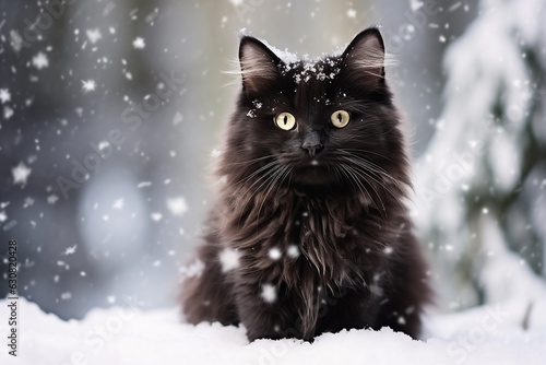 Black fluffy cat sitting in snow drift on blurred background. Snowy winter background.