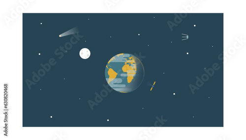 Aerial, satellital view of planet Earth floating in space with the moon, stars and artificial satellites around. Colorful flat style vector illustration.