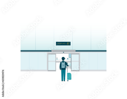 Rear, back view of a man in front of the departures open door, gate of a modern airport with his trolley, suitcase and a bag. Transportation. People holidays. Colorful flat style vector illustration.