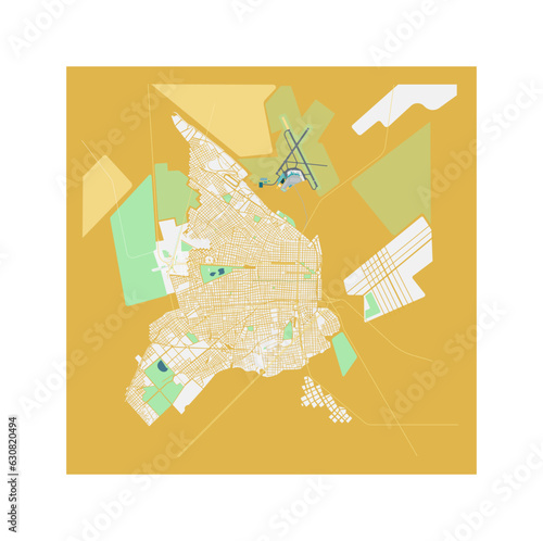 View from above of an imaginary city with avenues, streets and parks with an airport. Satellite view. Colorful detailed vector illustration.