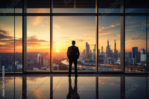 Person standing in front of a large glass window, looking out at the city skyline, representing the idea of of clear vision and a long-term perspective in achieving business success. © Sasint