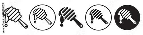 Dripping Honey symbol Icon set collection. Sign mark of raw honey drip with spoon dipper. Vector flat outline of wooden stick hive or honeycomb pouring in wax. Web app ui icon of natural farm bee.