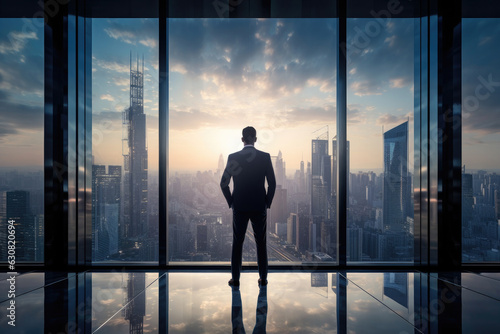 Person standing in front of a large glass window, looking out at the city skyline, representing the idea of of clear vision and a long-term perspective in achieving business success. © Sasint