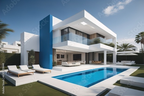 modern cozy house with pool and parking, luxurious style and beautiful landscaping on background. ai generative © mrisrayilli