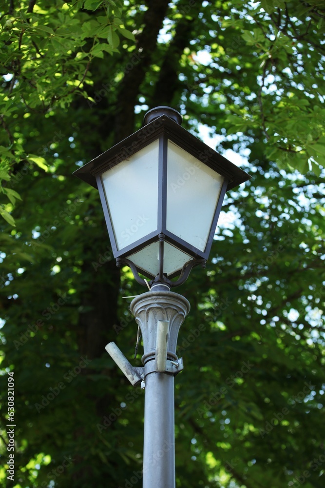 A metal lantern in the park among the greenery
