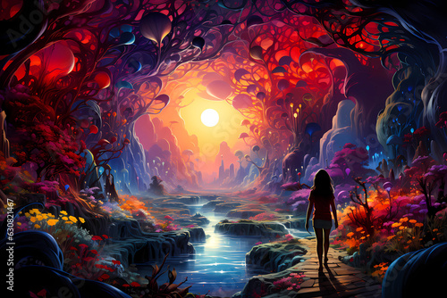 digital art concept of a psychedelic trippy surreal painting of a fairy sunset with a big glowing sun, created with generative ai