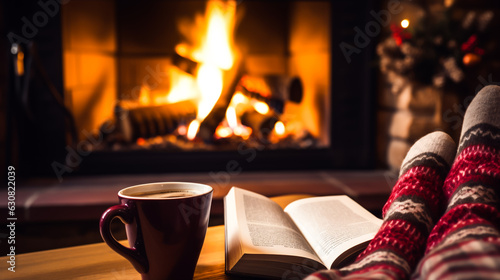 Warming and relaxing near a cozy fireplace. Feet in wooly socks, cup of coffee and a book by the fire. Concept of winter and Christmas. Shallow field of view. 