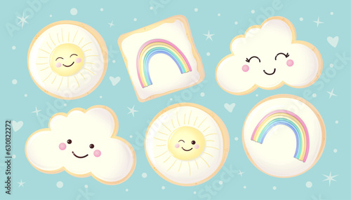 A set of cute cookies for kids party, birthday, baby shower. Cartoon characters sun, cloud and rainbow