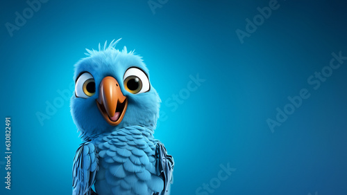 Süßer witziger Papagei mit rießigen Augen in blau Cartoon, ai generativ