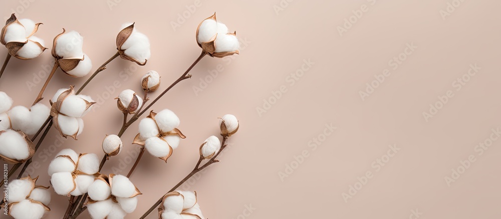 shows cotton branch flowers on a beige background. The pattern is beautiful and consists of neutral colors. minimal and stylish. is taken from a top view with copy space.