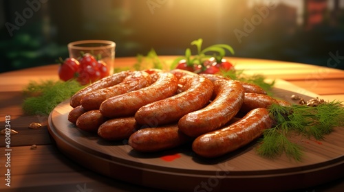 Generative AI, Grilled sausages on a plate, dark background, barbeque food