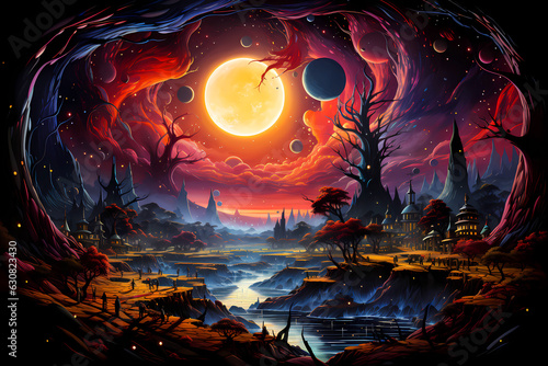 digital art concept of a psychedelic trippy surreal painting of a fairy sunset with a big glowing sun, created with generative ai