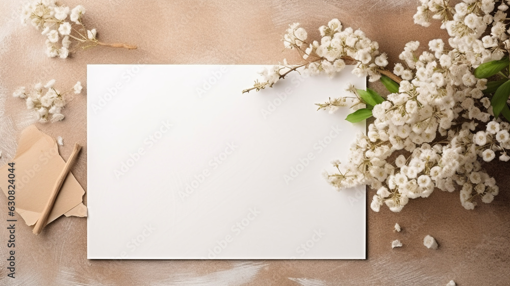 Spring blooming flowers with a free mockup space postcard on a table decorated with herbal bouquets, blooming 8 much, Mother's Day greeting card. Spring blooming flowers with a free mockup space postcard on a table decorated with herbal bouquets, blooming 8 much, Mother's Day greeting card.