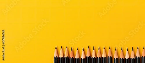 Back to school. Small wooden pencils on a yellow background with empty space on the right for writing. Copy space available.