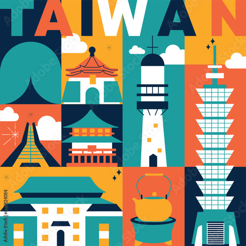 Typography word "Taiwan" branding technology concept. Culture travel set, famous architectures and specialties in flat design. Business travel and tourism concept. Image for presentation, banner, webs