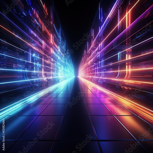 Futuristic Technology , Neon Tunnel modern background. Fluorescent ultraviolet glowing light lines.AI generated image