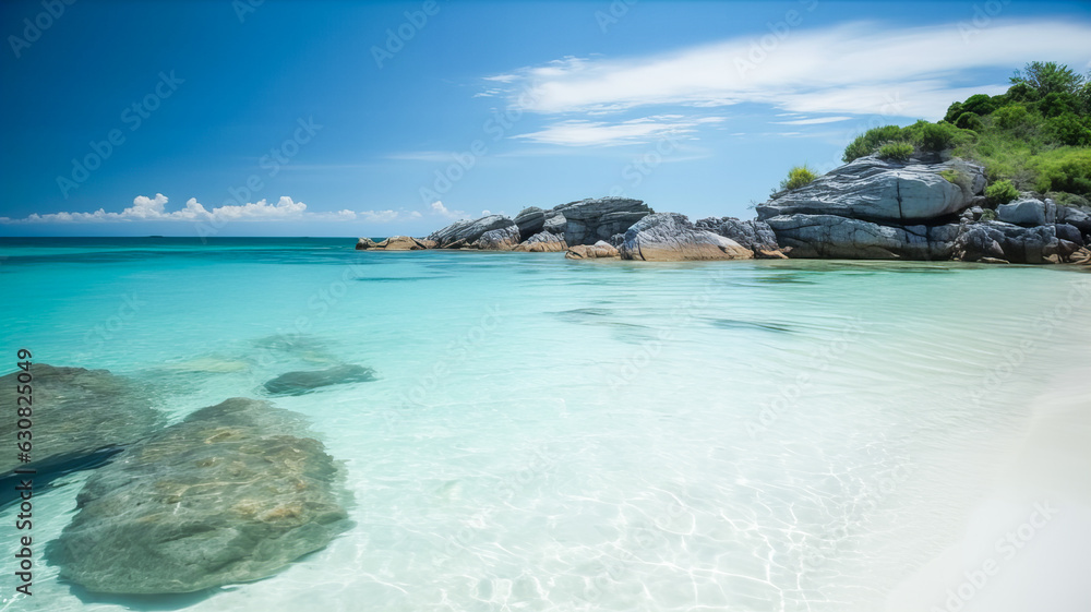 Fototapeta premium A beach with clear sea water and white sand. Generative AI technology.