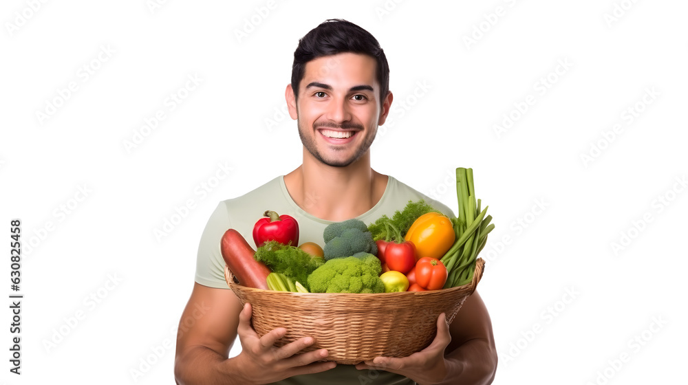 Man holding a basket holding a crate full of fresh organic vegetables, smiling, with a crop of vegetables, isolated on transparent background, (png files), Generative AI Man holding a basket holding a crate full of fresh organic vegetables, smiling, with a crop of vegetables, isolated on transparent background, (png files), Generative AI