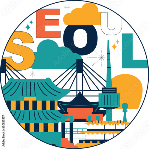 Typography word "Seoul" branding technology concept. Collection of flat vector web icons. Seoul culture travel set, famous architectures and specialties detailed silhouette. Korean famous landmark.
