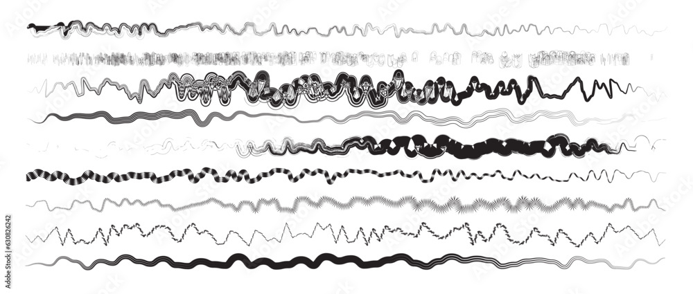 Set of wavy horizontal lines. Set of marker hand drawn line borders and doodle design elements. Hand drawn paint brush strokes lines. Vector isolated on white.