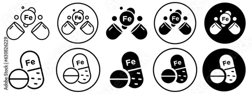 Iron Capsule symbol Icon. Flat calcium pill or drugs tablet outlined set collection. Vector logo mark of medical pharmaceutical medicine or  health supplement with multivitamin. Web app ui icon of Fe