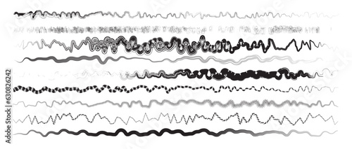 Set of wavy horizontal lines. Set of marker hand drawn line borders and doodle design elements. Hand drawn paint brush strokes lines. Vector isolated on white.