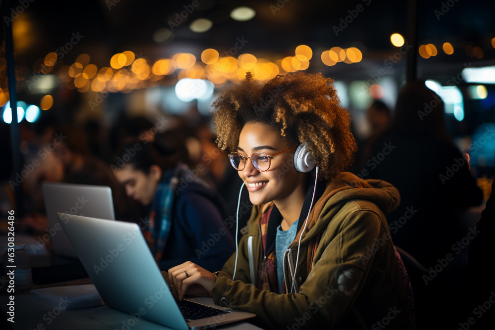 Afro woman using computer in night