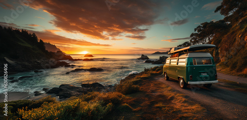 A caravan parked on a cliff at sunset overlooking the sea