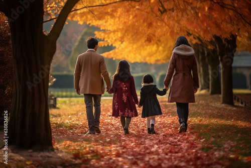 asian family walkling in the park autumn fall season trees